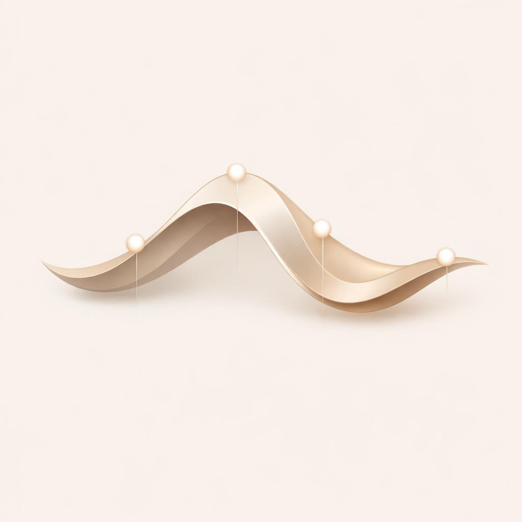 A sculptural wave-shaped jewelry piece in champagne gold with four small white pearl accents, set against a solid pale beige background.