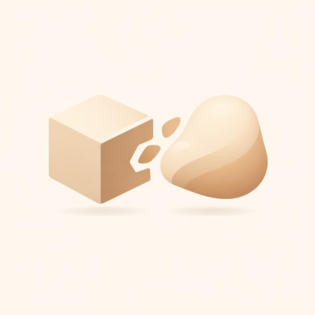 A minimalist beige icon showing a cube breaking into two irregular fragments, resembling a cracked egg or broken object, on a pale cream background.