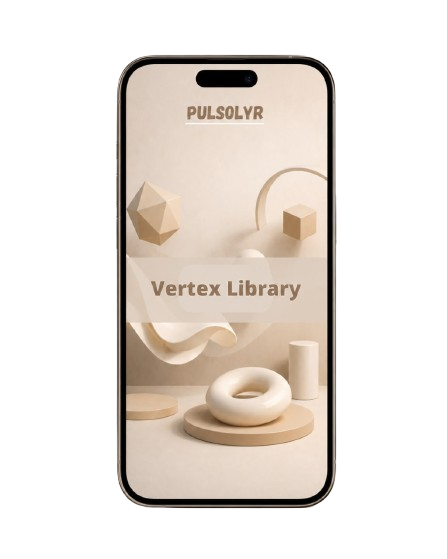 A smartphone mockup displaying the Pulsolvr Vertex Library app interface, featuring a minimalist beige and cream 3D geometric design on a solid white background.
