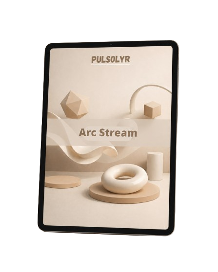 A digital product cover for 'Arc Stream' by Pulsolyr, displayed on a tablet mockup. The cover features a minimalist, warm beige and cream 3D geometric design with a donut, cylinder, and cubes.