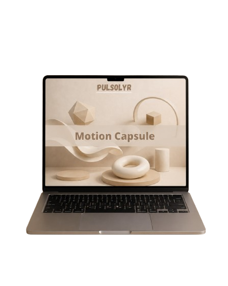 A laptop on a plain white background displaying a presentation template titled 'PULSOLYR Motion Capsule' with minimalist beige geometric shapes on the screen.